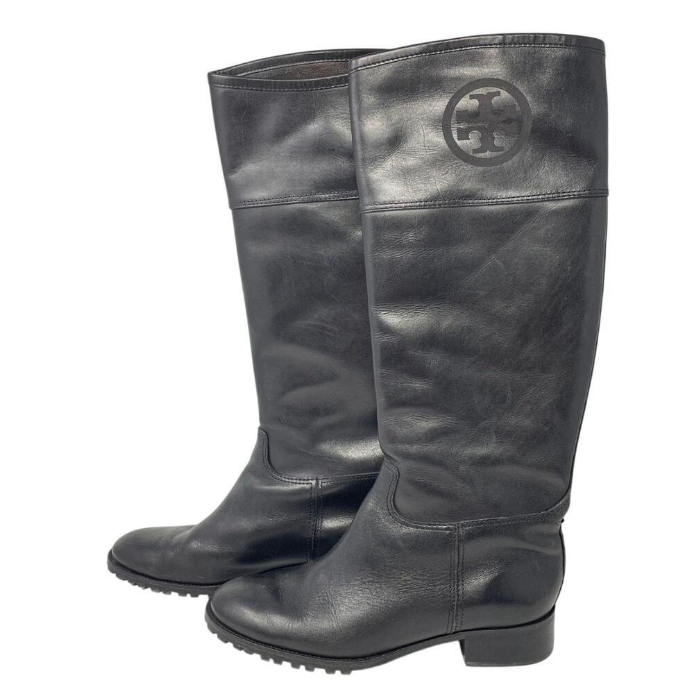 Tory Burch Jackson Riding Boots Black Leather Knee High Size 9.5 M Logo Embossed